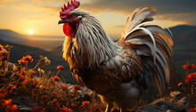 Majestic Rooster Stands In The Meadow, Crowing At Sunrise Generated By AI