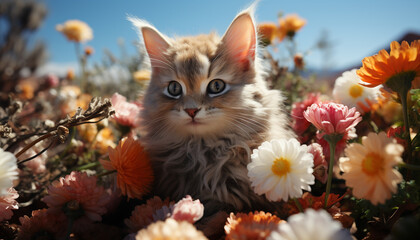 Cute kitten sitting in meadow, playful with yellow flower generated by AI