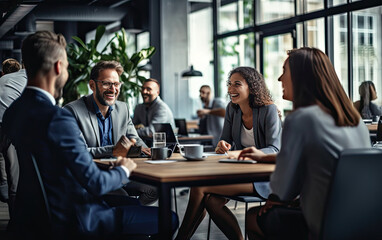 People engaged in lively conversation around a table