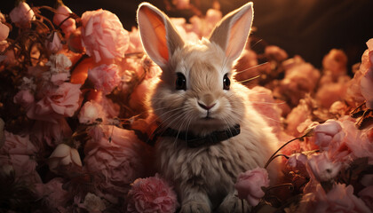 Cute fluffy rabbit sitting in grass, surrounded by flowers generated by AI