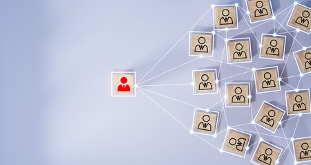 Wall Mural - wooden cube block print screen person icon which link connection network for organisation structure 