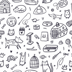 Wall Mural - Vector pattern of hand-drawn objects for pets in the doodle style