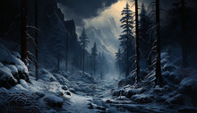 Mysterious winter night dark forest, snowy mountains, spooky fog generated by AI