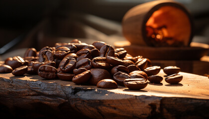 Wall Mural - Freshly ground coffee beans on a rustic wooden table generated by AI