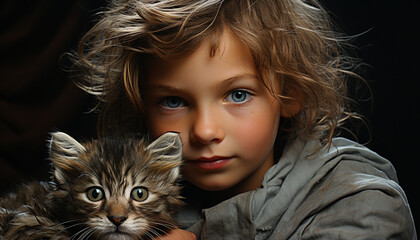 Wall Mural - Cute child embraces small kitten, smiling with innocence and love generated by AI