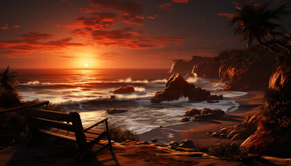 Wall Mural - Sunset over the tranquil coastline, nature beauty reflected in water generated by AI