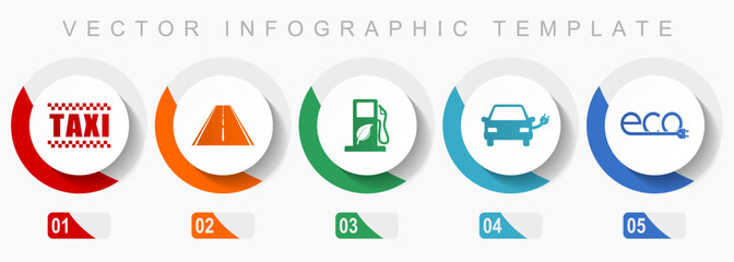 Sticker - Renewables, transport icon set, miscellaneous icons such as taxi, road, bio fuel, electric car and eco sign, flat design vector infographic template, web buttons in 5 color options