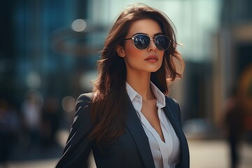 Wall Mural - Business woman with sunglasses walking through the city.