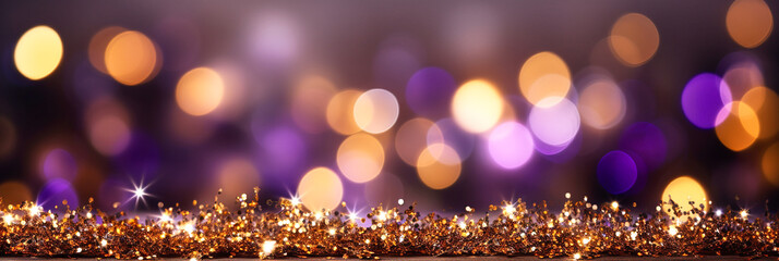 Wall Mural - Gold and dark violet Fireworks and bokeh in New Year eve and copy space. Abstract background holiday . AI generative.