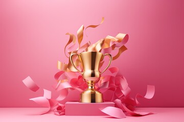 golden trophy and streamers in sport competition with pink background.