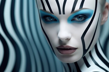 Wall Mural - Face of a woman in futuristic design airbrush with stripes.