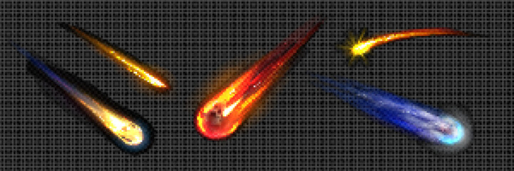 Wall Mural - meteor or comet space trail fire light vector effect. 3d isolated realistic meteorite flame speed gl