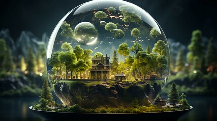 Poster - Glass dome with a city inside and green trees and plants. Concept of ecology and waste recycling and care for the environment