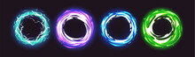 Circle Magic Light Portal With Neon Glow Effect. 3d Blue Energy Round Swirl Abstract Vector. Speed Vortex Wave Flare Element. Futuristic Spiral Multiverse Teleport With Lightning And Electric Tunnel