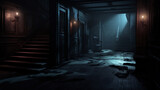 Dimly Lit Abandoned Mansion Interior with Mysterious Atmosphere