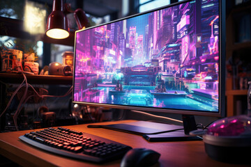Aufkleber - a close-up of a computer monitor displaying a vibrant gaming world. generative ai.