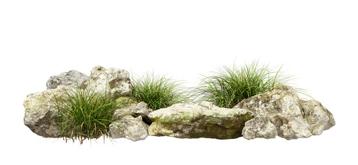 Sticker - Isolated rocks and grassy weed landscaped composition on transparent backgrounds 3d rendering png