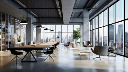 Wall Mural - Empty modern open space office interior with brick and glass walls