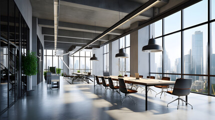 Wall Mural - Empty modern open space office interior with brick and glass walls