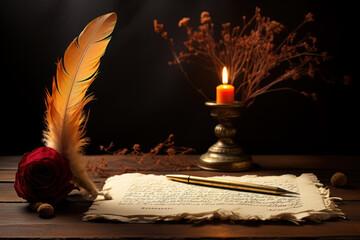 Fototapete - A philosopher's quill pen poised above a blank scroll, ready to articulate profound thoughts and questions. Generative Ai.