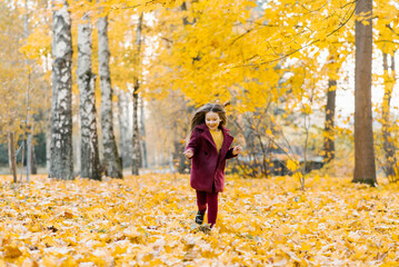 Child girl runs through yellow fallen leaves in an autumn park and laughs