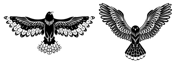 Vector set of black silhouette decorative flying birds. Monochrome cliparts of an owl and hawk with spread wings isolated from background.