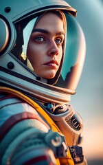 Woman astronaut portrait girl spacesuit science explorer concept sunrise