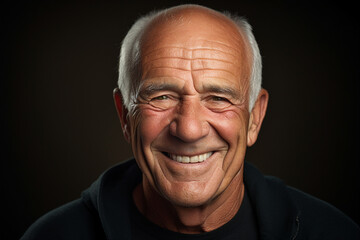 Poster - Generative AI photography of a cheerful elderly man with white toothy smile isolated on dark grey background