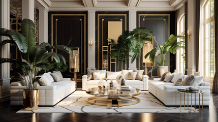 Mediterranean interior design for a modern living room featuring an elegant sofa, wall, a table, and accessories