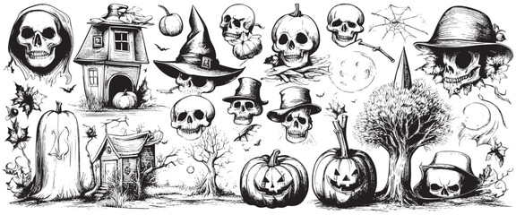 Wall Mural - Sketch of Halloween elements on a white background. Hand drawn vector Horror set of Halloween doodle sticker sketch