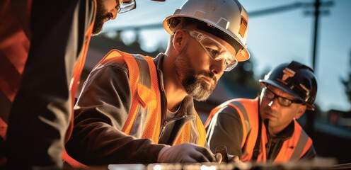 Poster - Industrial engineers in hard hat are working at the heavy industry manufacturing factory.