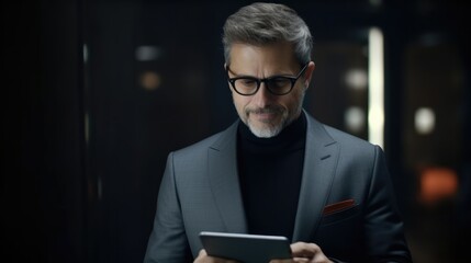 Poster - Portrait of mature businessman using tablet computer on dark background.
