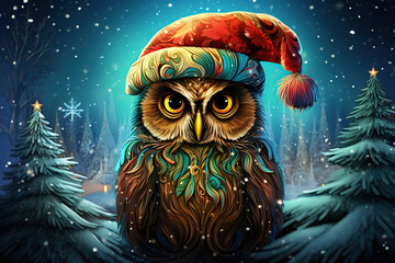 Wall Mural - funny owl with santa hat for on a snowy background, magical christmas illustration