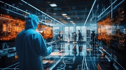 Canvas Print - IT Scientists team working in data center about development of a quantum computer, While Works on Laptop Computer.