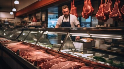 Wall Mural - Butcher shop, Showcasing a perfectly cut the steak in half within a vibrant butcher shop.