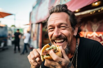 Wall Mural - cheerful man eating a hamburger in a street food market