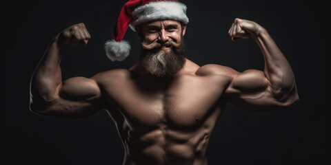 Young Muscular Santa Claus. Sexy Happy Strong  man with Beard in Red Santa Hat. Merry Christmas and Happy New Year. XMas holiday background for banner, wallpaper, greeting card