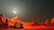 black camping tent on empty copy space night moon background. Wild nature tourism and adventure. Concept of traveling. 3D illustration