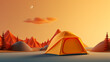 Yellow camping tent on empty copy space yellow sunset background. Wild nature tourism and adventure. Concept of traveling. 3D illustration