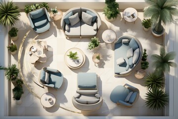 Top view layout of luxurious interior design, living room with modern furniture, armchair, coffee table, plants and lounge area