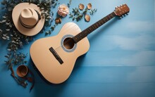 Acoustic Guitar On Wooden Background