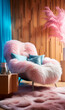 pinkfarbenes Fell im gemütlichen Sessel am Fenster mit Kissen