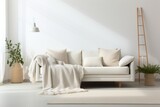 Fototapeta  - beautiful minimal sofa design showcase in living room with natural light from window cosy clean bright comfort home interior design concept