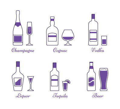 Outline icons beverages isolated on white background. Set black alcoholic drinks with wineglasses. Linear alcohol bottles and glasses in flat design. Thin line style. Vector illustration.