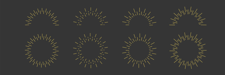 Vintage Sunburst emblem. Golden bursting rays line icon set. Sunrise and sunset concept. Boho style. Vector illustration on black background