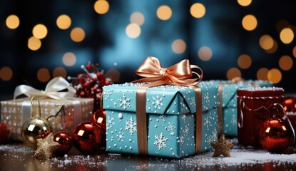 Wall Mural - Wrapped Christmas presents and garland light on blurred background . Web banner with copy space