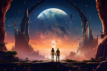 Fantasy Landscape With An Alien Planet And A Pair Of Lovers,Ancient Temple, Moon And Stars,Man And A Woman On The Background Of The Planet, Digital Vector Painting.