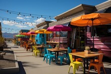  Highway Rest Area With Colorful Food Trucks And Picnic Tables, Generative AI