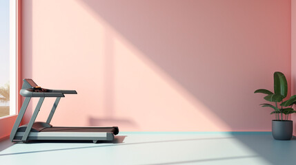 Treadmills in modern minimalist empty room with sunlight through window, copy space and pink wall background. healthy lifestyle concept