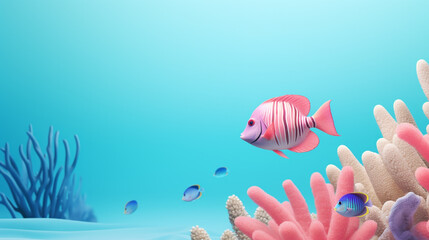 Wall Mural - Colorful cute of fish with copy space under the sea colorful coral reef frame backdrop template with copy space